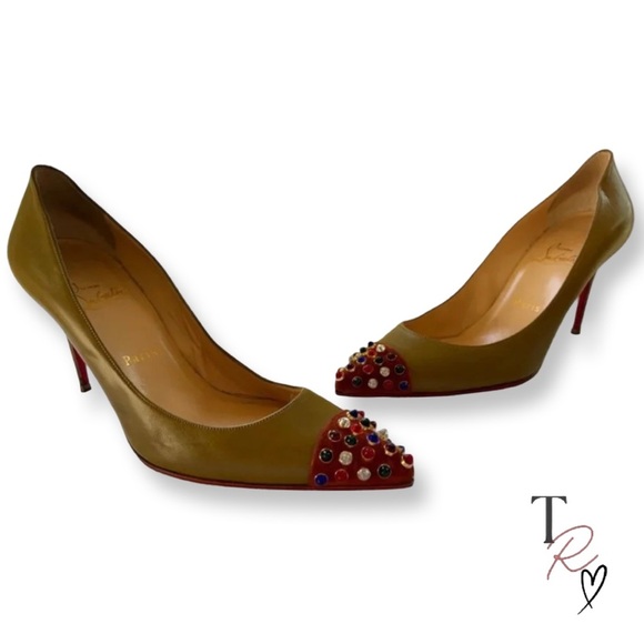 Christian Louboutin RARE Olive Green Cabo Pointed Pumps Jewelled Cap Toe EU 39.5 - Picture 1 of 15